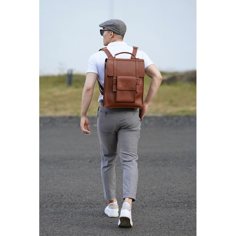 Túi da KHÔISTORE | Parallel_ Balo đeo chéo đa năng_Túi thiết kế_Hàng thủ công_Túi laptop_Du lịch_Công sở_Màu nâu