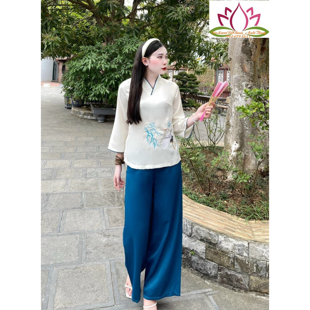 Nguyên set lam thêu hạc trắng quần suông áo viền chất tuyết nhung 4 Màu Sang Trọng Freesize Dưới 61kg