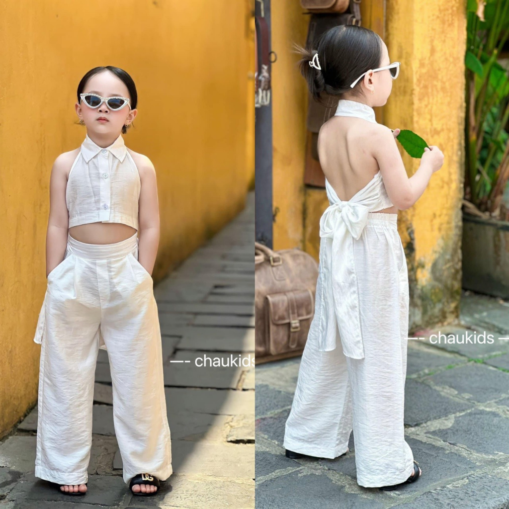 Quần áo bé gái, set bộ đũi trắng áo cổ trụ khoét lưng cột nơ kèm quần ống suông sành điệu cho bé 14-28kg
