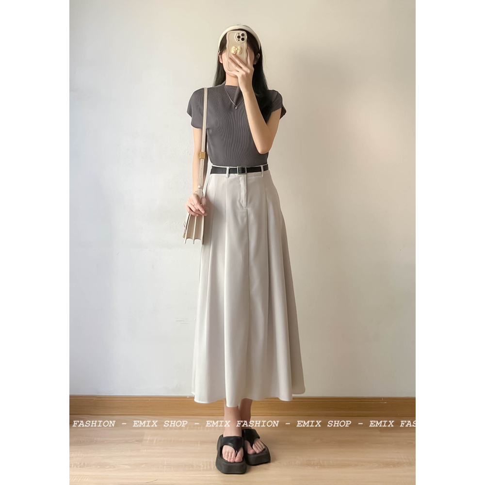 Chân váy xếp li dáng dài EMIX, cạp cao, không kèm đai, có túi bên, chất trượt hàn,  phong cách ulzzang Hàn Quốc 6906