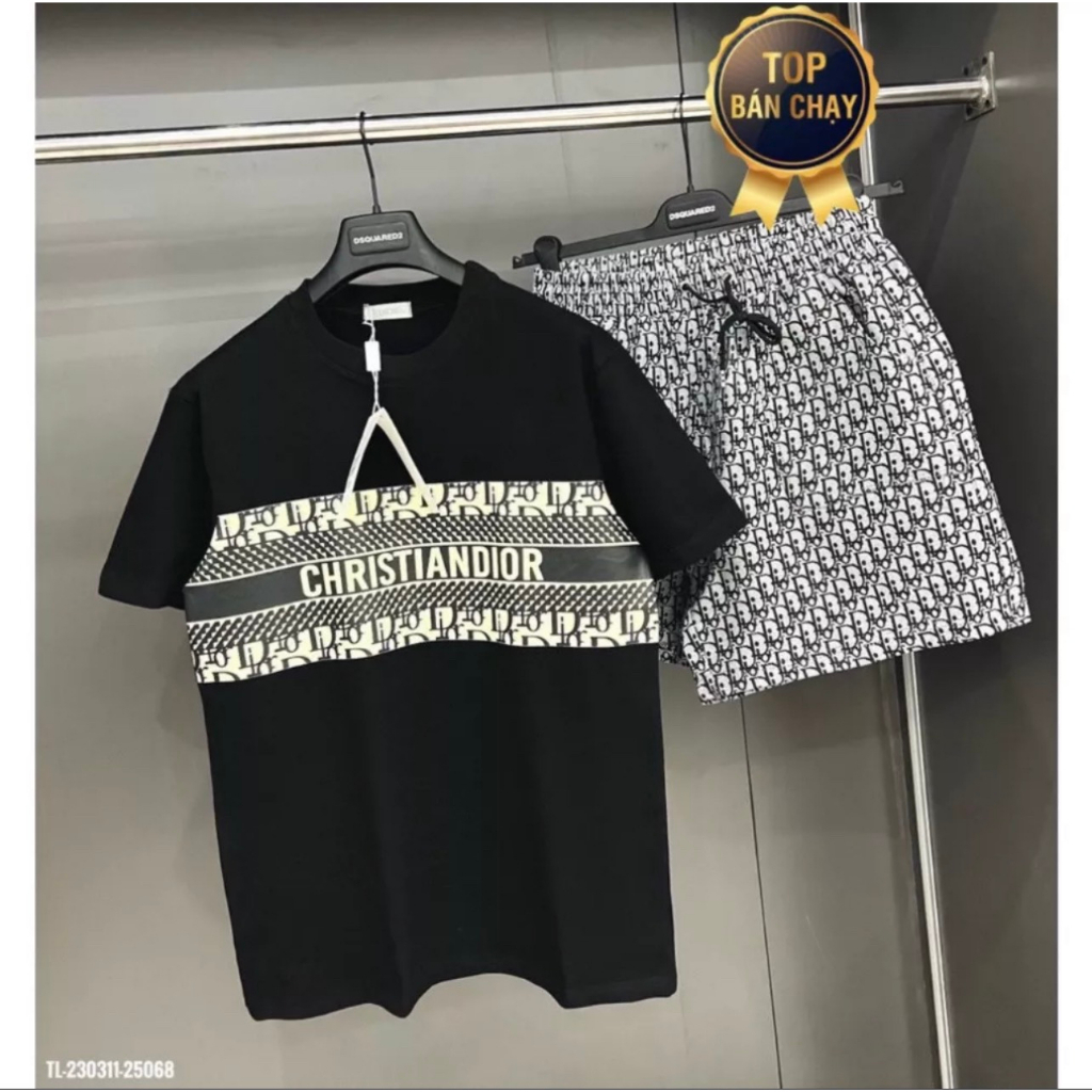 Bộ Dior Nam Mùa Hè Họa Tiết Phối 2 Màu Hottrend - Bộ Cộc Tay Chất Cotton 100% Cực Mát Co Giãn