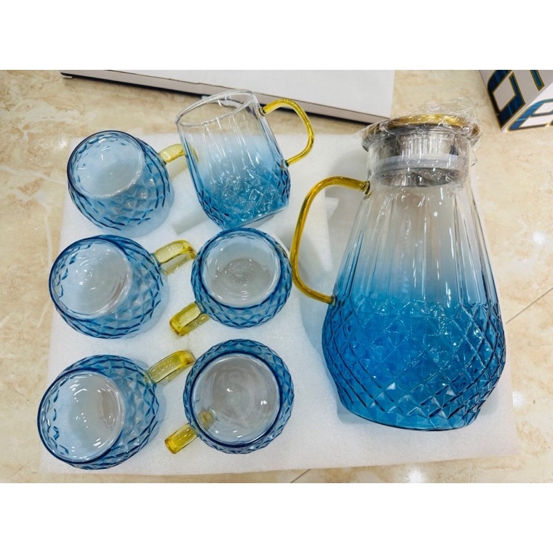 Bộ bình cốc thủy tinh chịu nhiệt màu Xanh siêu sang, Thủy Tinh Borosilicate Cao Cấp