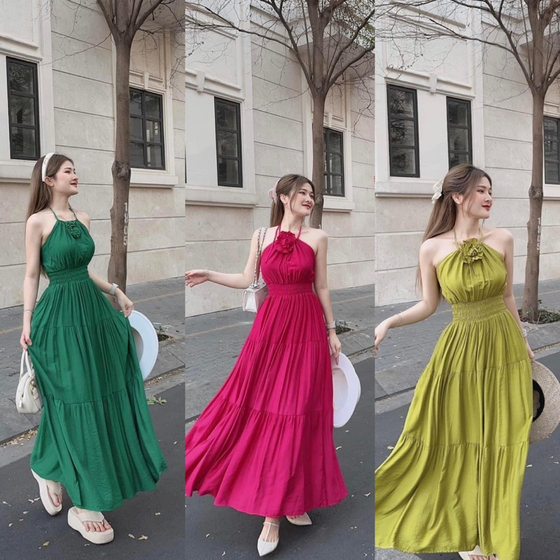 Đầm Cổ Yếm Tầng Đính Hoa Chất Đũi Tơ Siêu Mát Đi Biển Du Lịch Mã AS25