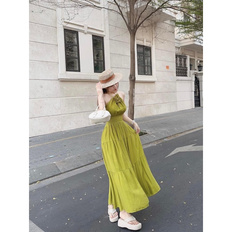 Đầm Cổ Yếm Tầng Đính Hoa Chất Đũi Tơ Siêu Mát Đi Biển Du Lịch Mã AS25