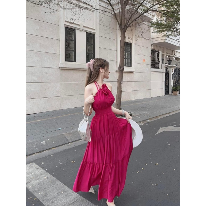 Đầm Cổ Yếm Tầng Đính Hoa Chất Đũi Tơ Siêu Mát Đi Biển Du Lịch Mã AS25