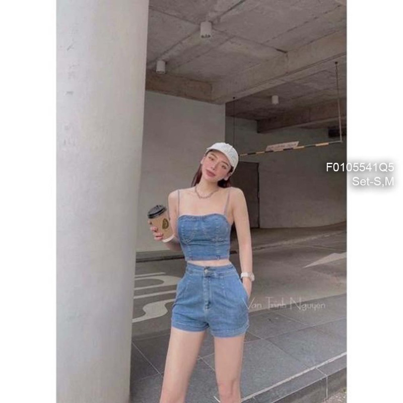 Set bộ jean áo croptop 2 dây cúp ngực kèm quần short cá tính VIENS STORE