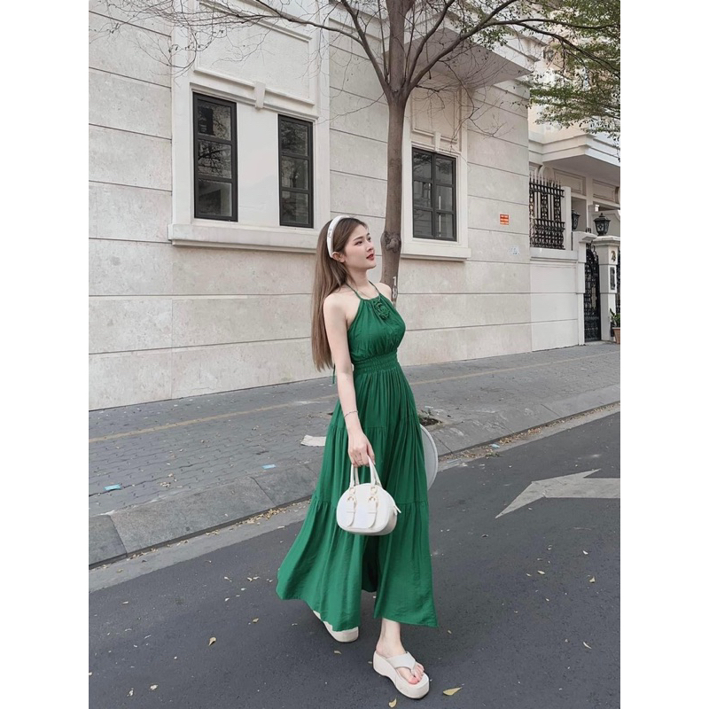 Đầm Cổ Yếm Tầng Đính Hoa Chất Đũi Tơ Siêu Mát Đi Biển Du Lịch Mã AS25