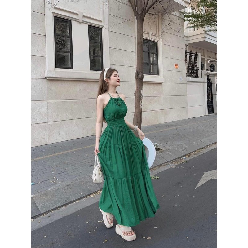 Đầm Cổ Yếm Tầng Đính Hoa Chất Đũi Tơ Siêu Mát Đi Biển Du Lịch Mã AS25