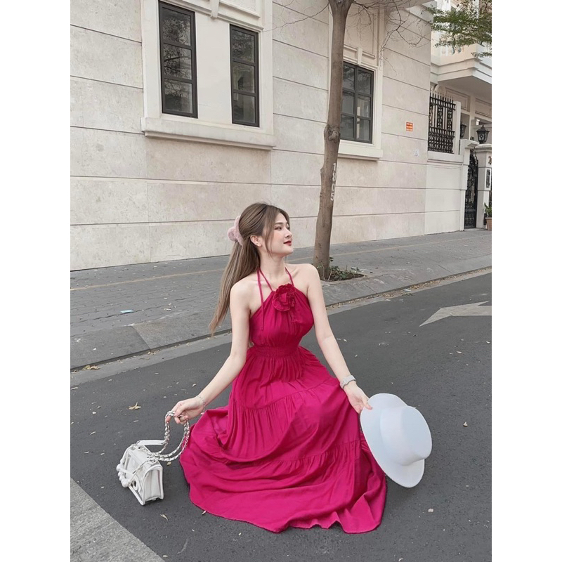 Đầm Cổ Yếm Tầng Đính Hoa Chất Đũi Tơ Siêu Mát Đi Biển Du Lịch Mã AS25