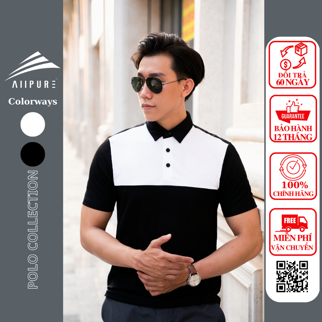 Áo Polo nam cổ sơ mi, phối ngực ALLPURE công nghệ Coolmax siêu mát, chống nhăn, ngăn mùi - màu Đen phối Trắng