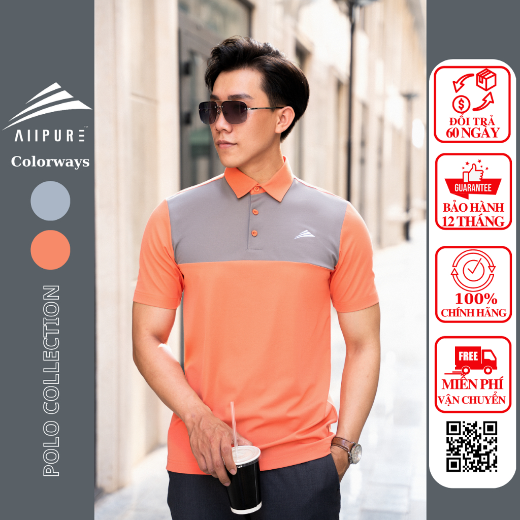 Áo polo nam cổ sơ mi, phối ngực ALLPURE công nghệ coolmax siêu mát, chống nhăn, ngăn mùi - màu cam phối xám