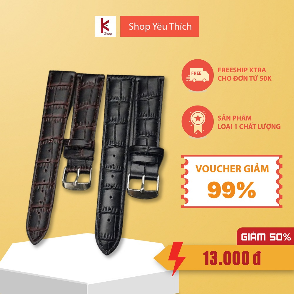 Dây da đồng hồ khóa kim nam nữ họa tiết vân dập bò các size 12-14-16-18-20-22mm