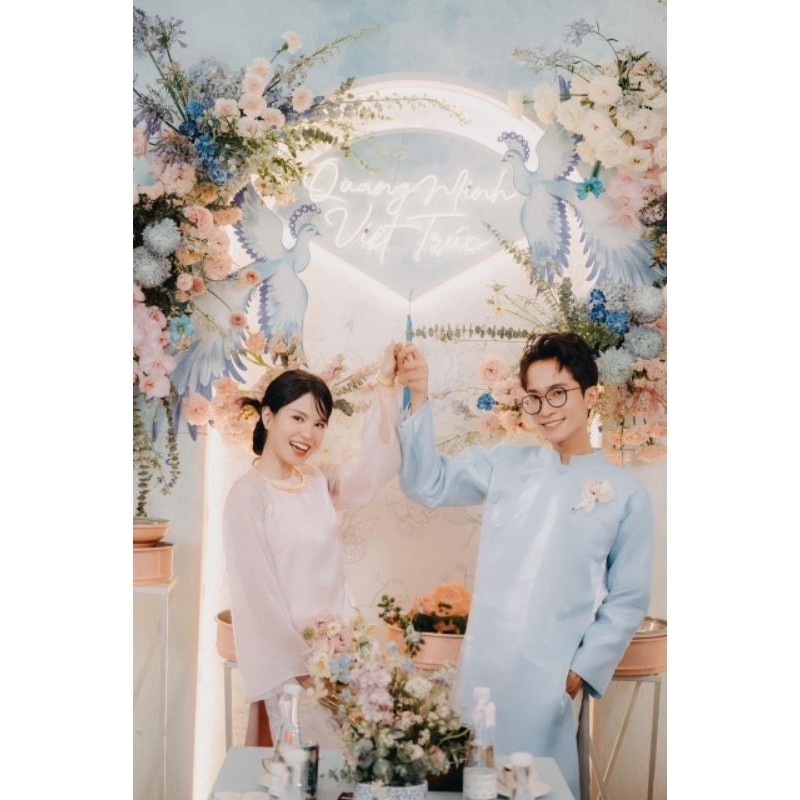 Áo dài nam tiệc hỏi cưới xanh trời