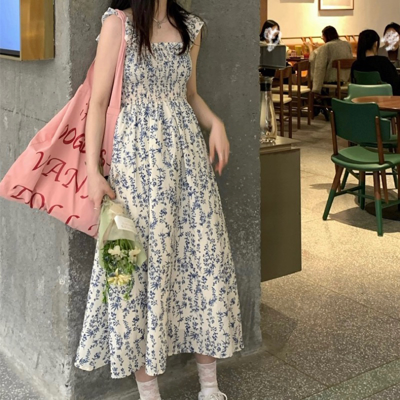 SẴN Váy hai dây maxi dáng dài eo cao chiết eo tôn dáng cánh tiên màu xanh thiên thanh hoa nhí đi biển dạo phố ngọt ngào
