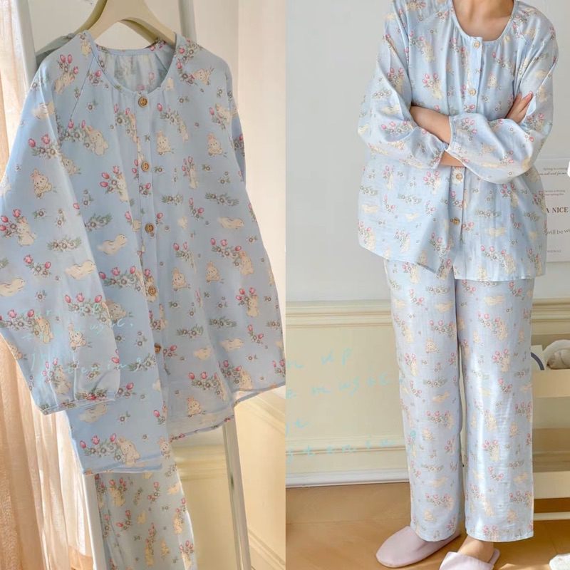 𝐚𝐬𝐡𝐞𝐱𝐢𝐧𝐜𝐡𝐚𝐨:  pyjama, bộ mặc nhà cổ tròn hoạ tiết nông trại thỏ cutie thô cotton