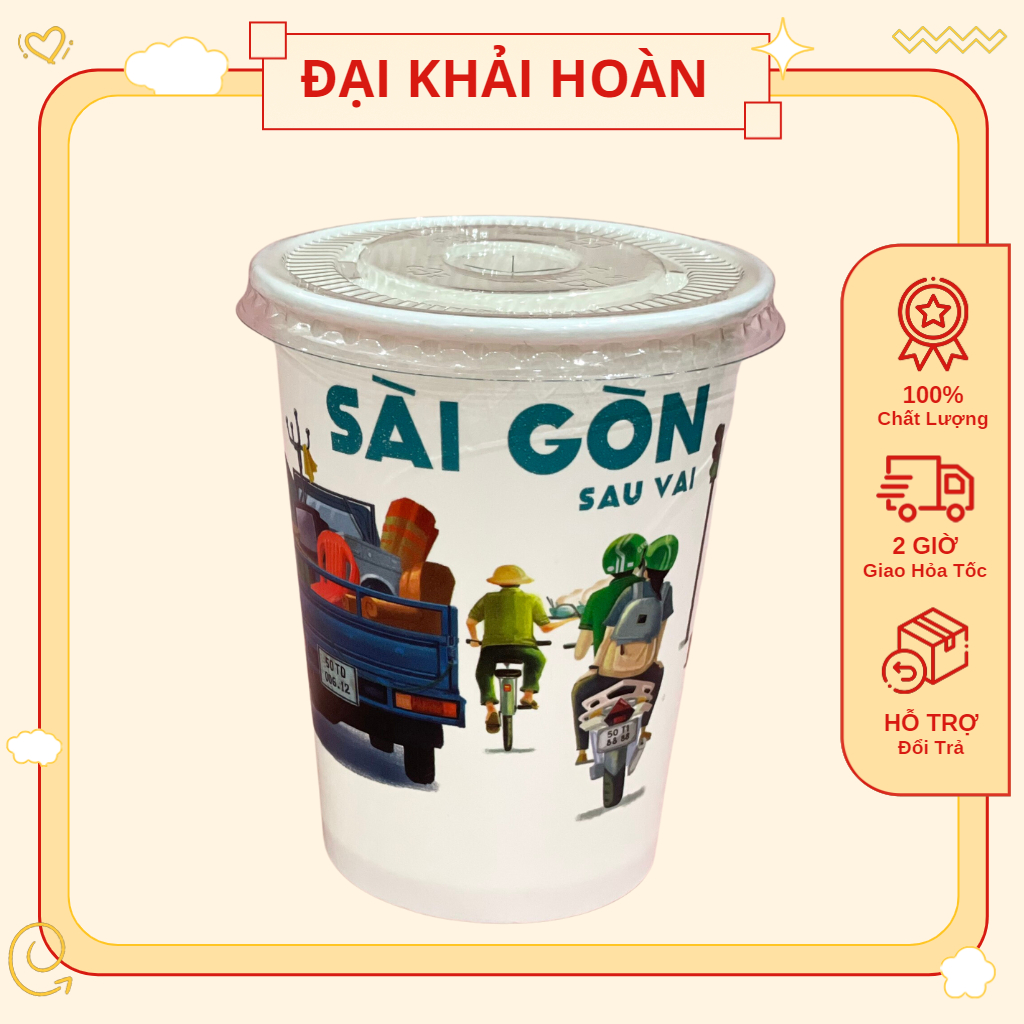 50 Ly Giấy In Hình Sài Gòn 14oz – 360ml Có Nắp | Ly giấy cà phê | Cốc giấy dùng 1 lần
