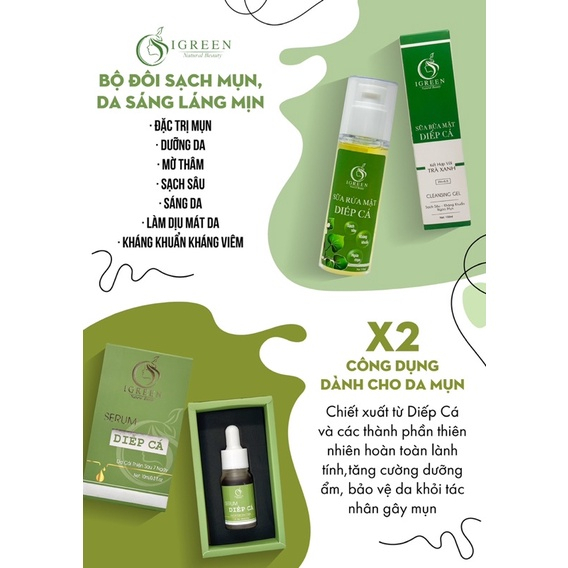 Combo bộ sản phẩm từ diếp cá nhà Igreen gồm: Serum, Sữa rửa mặt giúp giảm mụn, mờ thâm, dưỡng da