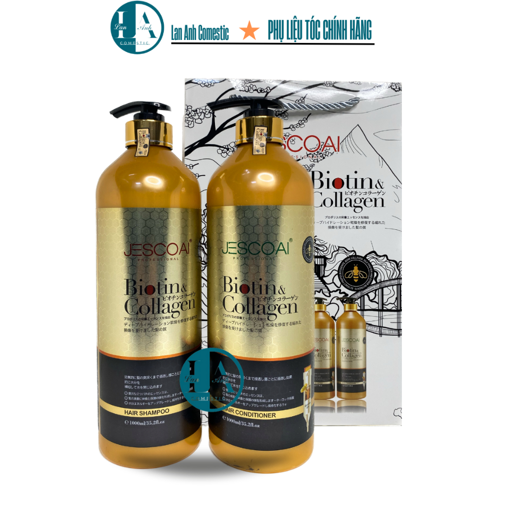 Dầu Gội Xả Biotin Collagen Hương Mật Ong JESCOAI 1000ml Biotin Ong Vàng