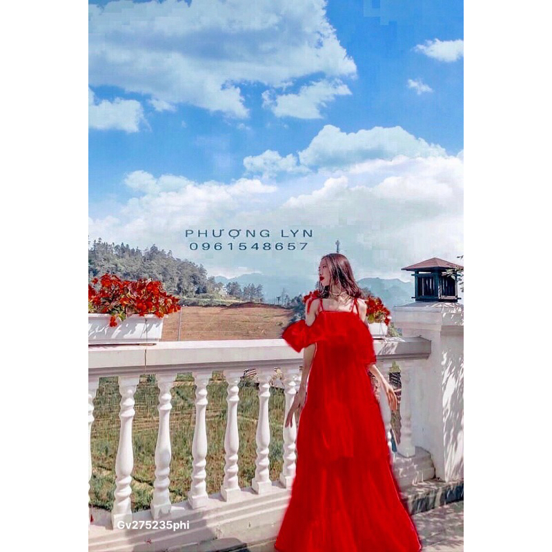 gv15-💃đầm maxi phi đỏ rớt vai