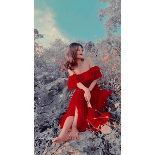 gv15-💃đầm maxi phi đỏ rớt vai