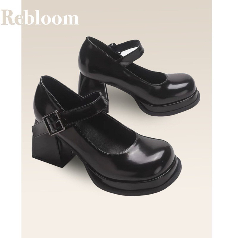 Giày MARY JANE mũi tròn đế trụ vuông 9cm - phiên bản màu đen phong cách Anh Quốc cổ điển dành cho nữ