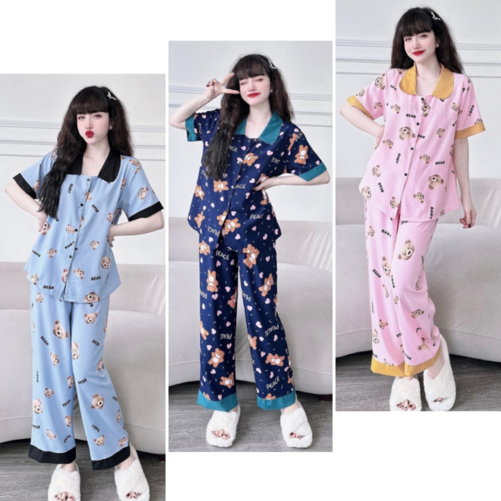 Đồ Bộ Ngủ Bigsize Tay Ngắn Quần Dài Lụa Nhật Cổ Sen, Gấm Quần Dài Truyền Thống 50-100kg Cho Nàng Mũm Mĩm