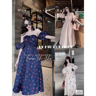 Đầm midi bẹt vai nhún tay phồng