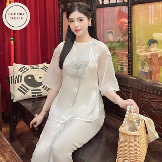 Bộ bà ba cách tân lụa , bộ lụa đi chùa nữ - chất liệu tơ - tay lỡ cổ tròn - pháp phục nữ thêu hoa sen lụa voan 2 lớp