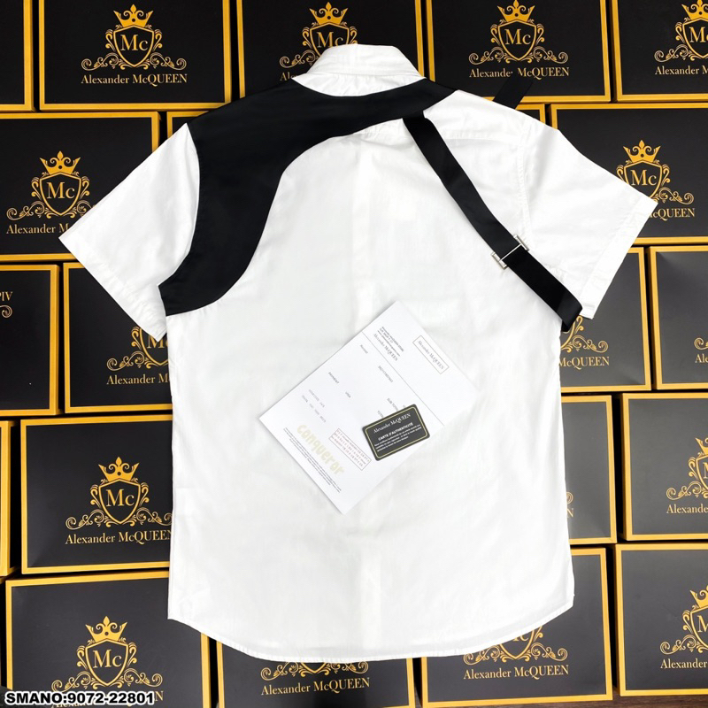 Áo sơ mi trắng nam cộc tay MCQ thêu dây đai đen khoá cài hai vai phong cách công tử vải cotton cao cấp SMC20P
