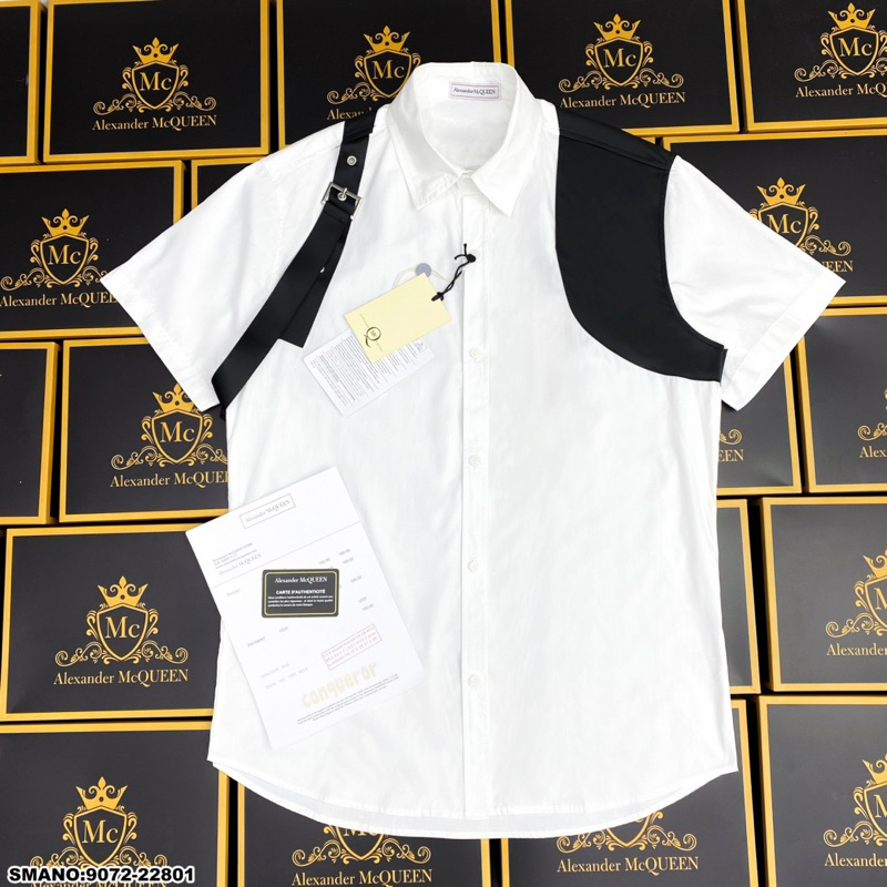 Áo sơ mi trắng nam cộc tay MCQ thêu dây đai đen khoá cài hai vai phong cách công tử vải cotton cao cấp SMC20P