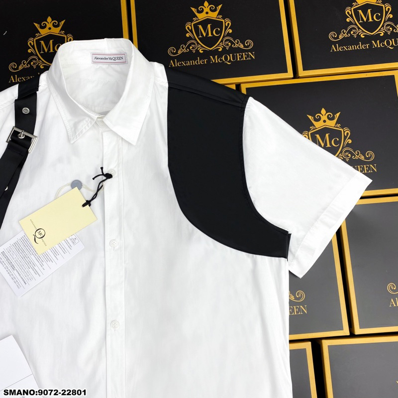 Áo sơ mi trắng nam cộc tay MCQ thêu dây đai đen khoá cài hai vai phong cách công tử vải cotton cao cấp SMC20P