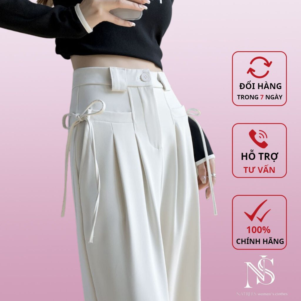 Quần Ống Rộng Nữ NATREES Quần Ống Suông Form Rộng Lưng Cao Culottes Phối Dây Buộc Eo 2 Bên Cá Tính Cực Xinh