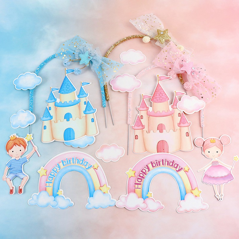 Set 7 que cắm HPBD cầu vồng + lâu đài + bé gái váy hồng