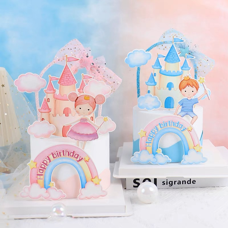 Set 7 que cắm HPBD cầu vồng + lâu đài + bé gái váy hồng