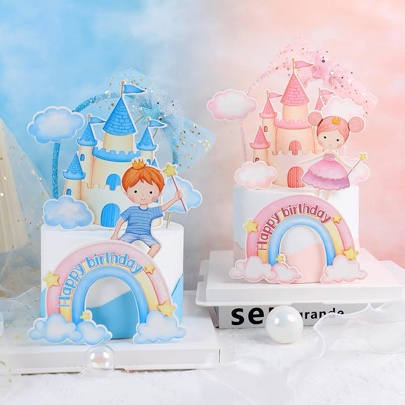 Set 7 que cắm HPBD cầu vồng + lâu đài + bé gái váy hồng