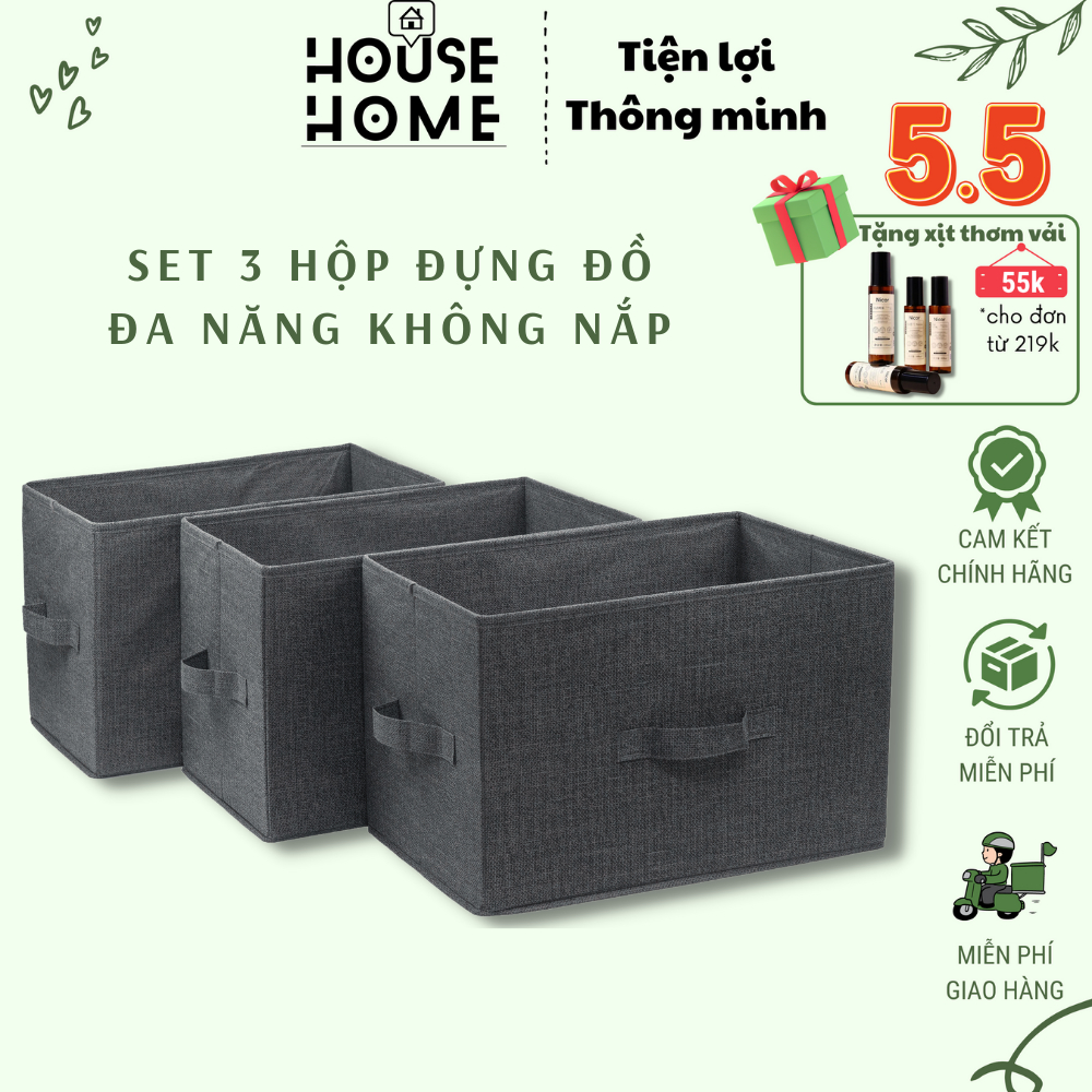 Set 3 hộp đựng đồ đa năng không nắp, vải Nonweven không xù, chống bám bụi, dễ dàng gấp gọn, tiện lợi - HousetoHome