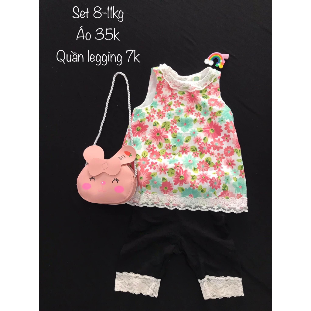Set Áo Thô Quần Legging Lửng 2hand/ Áo Mát Mùa Hè Họa Tiết Phối ren Bé gái/ Quần legging ngắn si