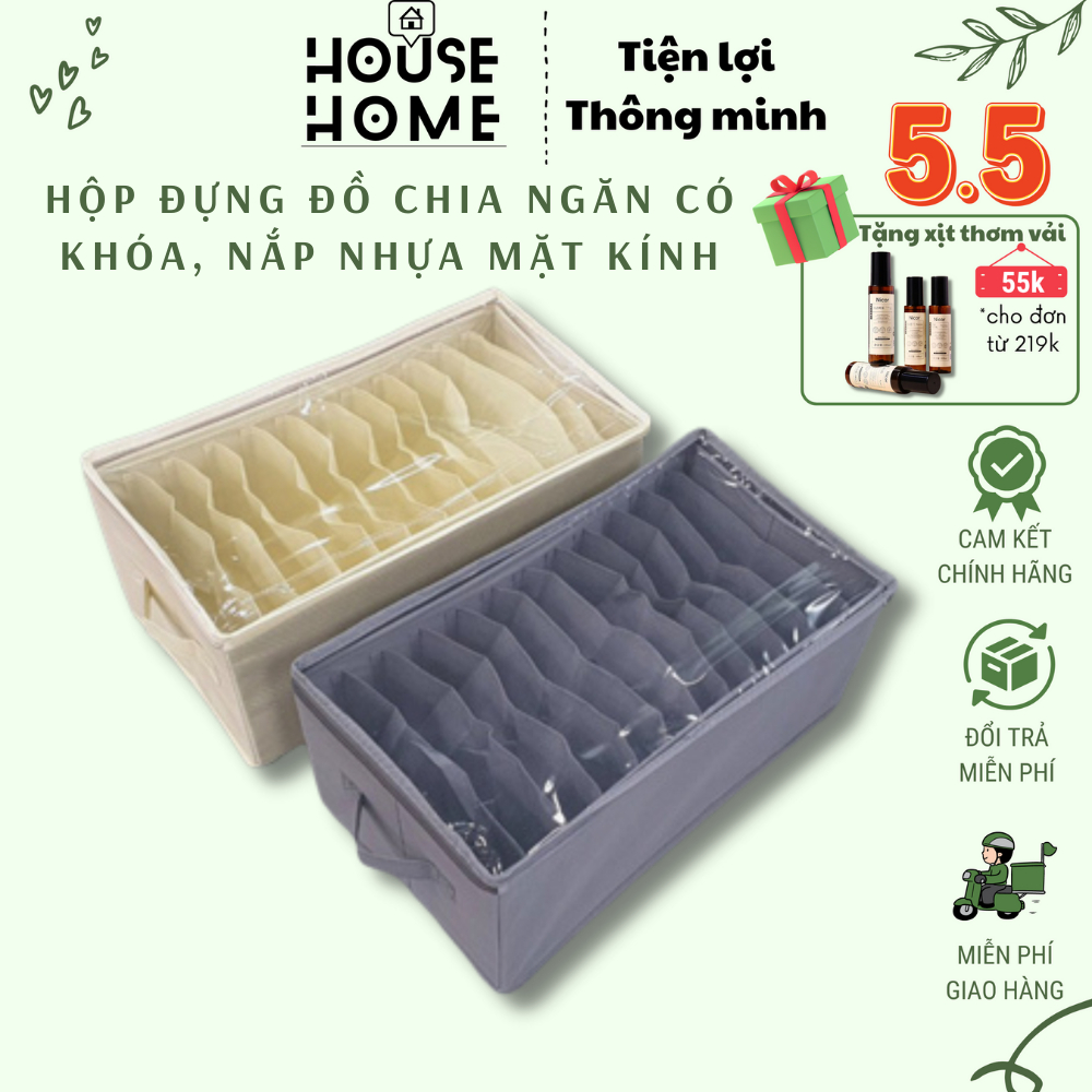 Hộp vải đựng quần áo nhiều ngăn 6,7,9,12 ngăn Có Khóa Kéo Mặt Kính Ni Lông Nhiều Ngăn Tiện lợi - Housetohome
