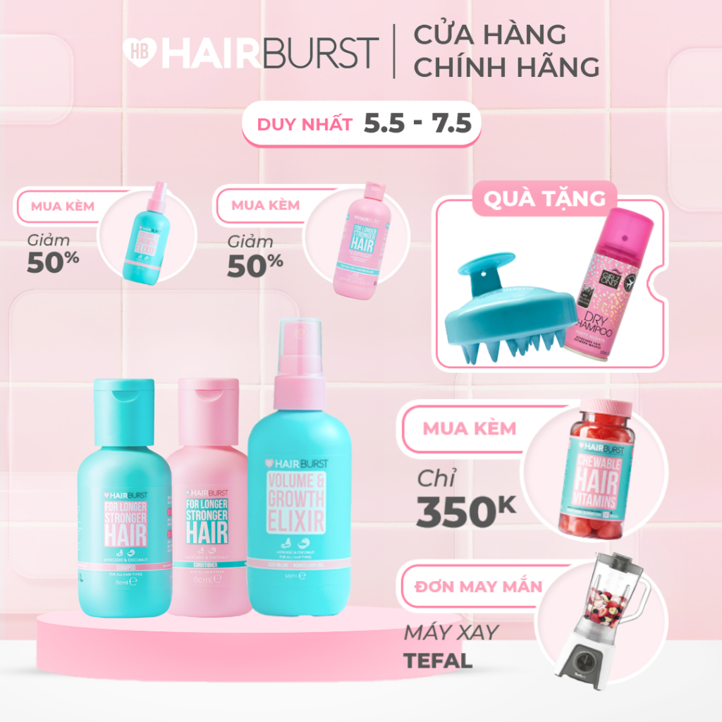 Combo Hairburst travel set gội xả 60ml/chai + xịt dưỡng tóc 125ml/chai