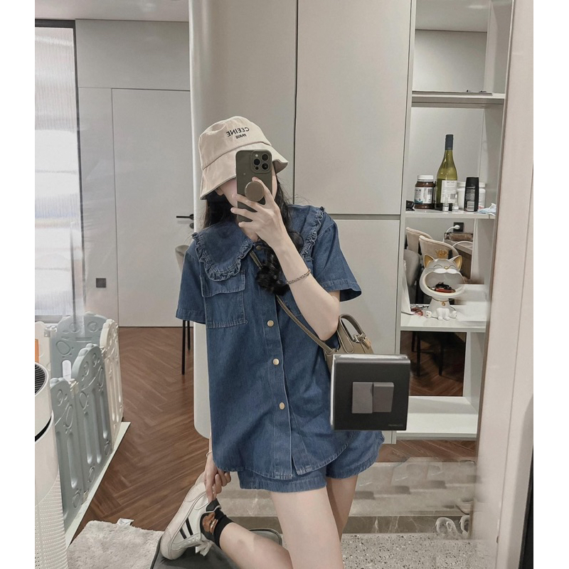 Set jean áo cổ bèo quần đùi