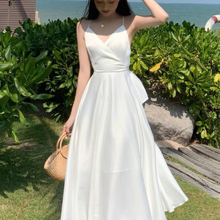 Váy hai lụa 2 dây cột dây lưng dáng dài, váy đi biển,váy đi tiệc