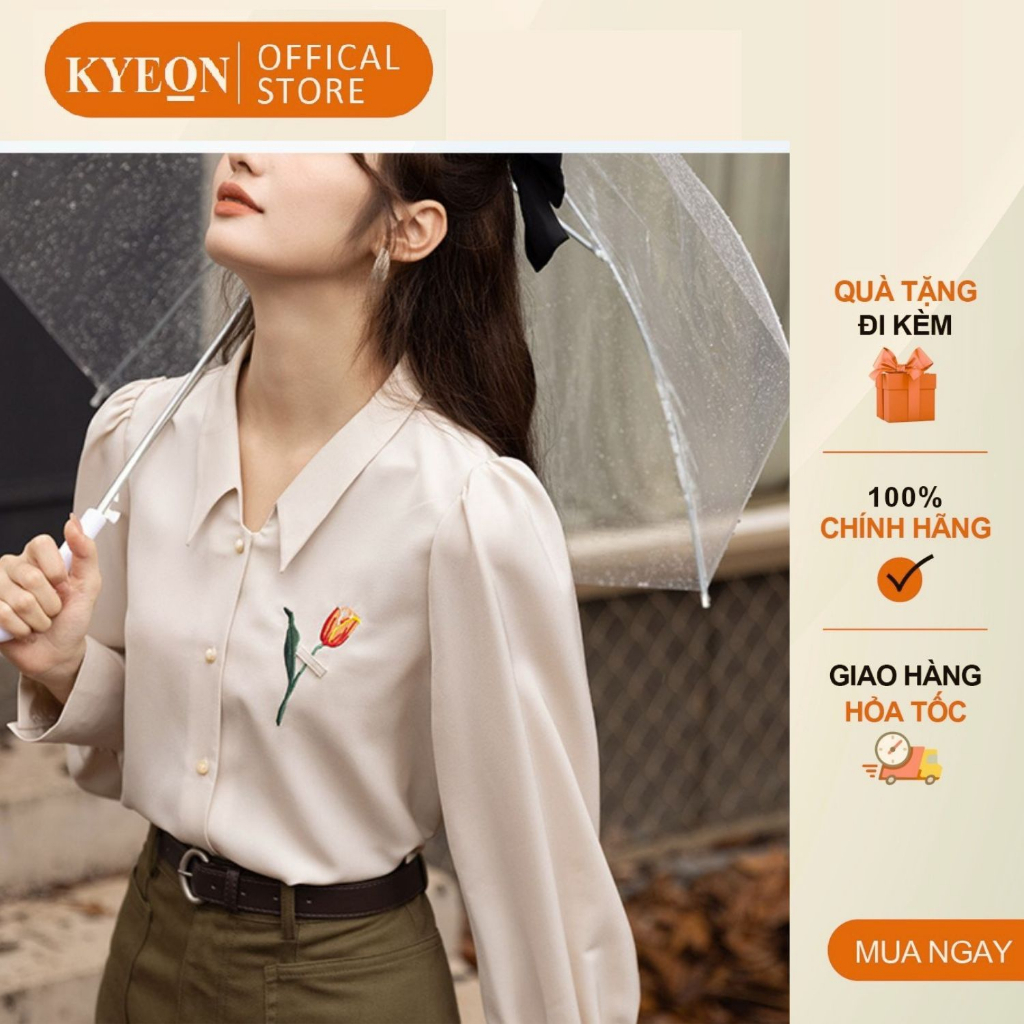 Áo sơ mi thêu hoa tuy lip sang trọng SMT009 - KYOEN, tay phồng kiểu hàn quốc thanh lịch