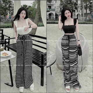 Set áo hai dây cánh tiên đính nút phối quần suông hoạ tiết sọc