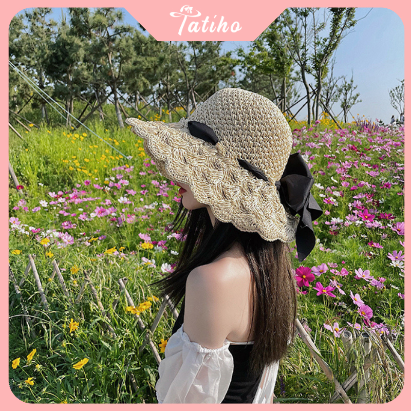 Mũ Cói Unisex Nữ, Nón Cói Chất Mềm Thoáng Mát Họa Tiết Trơn Phối Cột Nơ Phong Cách Tiểu Thư Thời Trang Basic - Mã NC012