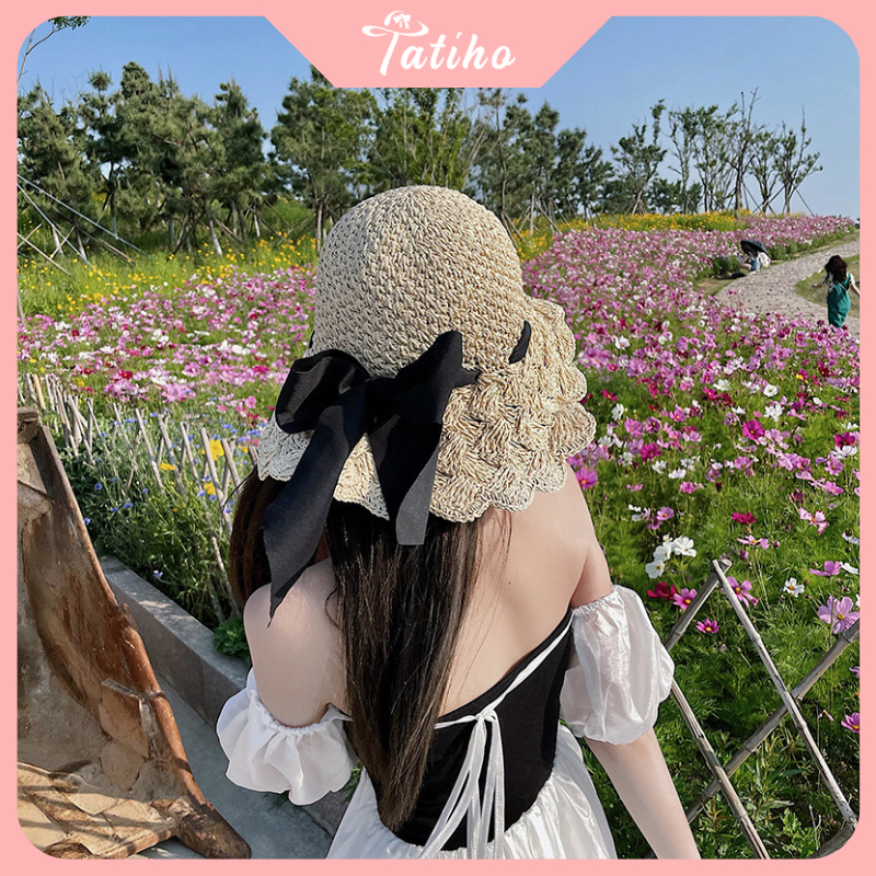 Mũ Cói Unisex Nữ, Nón Cói Chất Mềm Thoáng Mát Họa Tiết Trơn Phối Cột Nơ Phong Cách Tiểu Thư Thời Trang Basic - Mã NC012