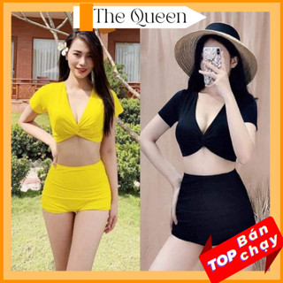 Bikini đồ bơi nữ đi biển tay lửng áo xoắn ngực quần cạp cao  nhiều màu The Queen Bikini 002