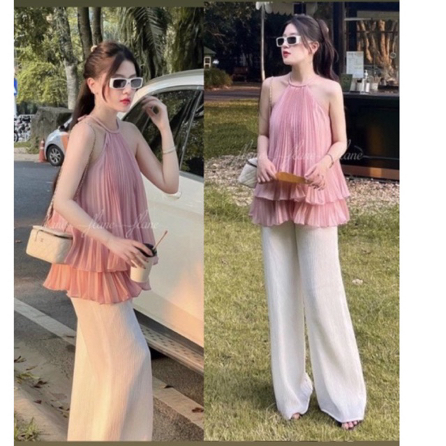 Set áo yếm dập ly + quần đũi ống rộng sang chảnh, Hàng thiết kế