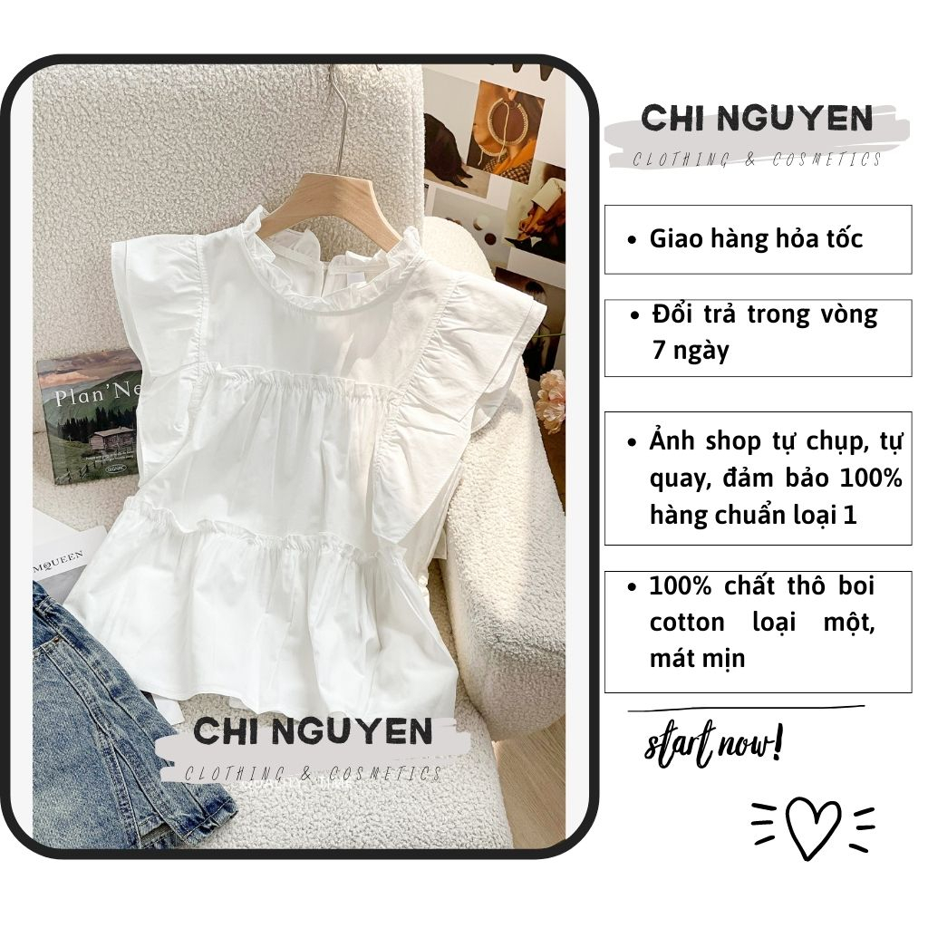 Áo sơ mi nữ màu trắng suôn cổ tròn bèo thô trơn tay bèo cánh tiên AO23002 của Chi Nguyễn hàng mới về chuẩn đẹp