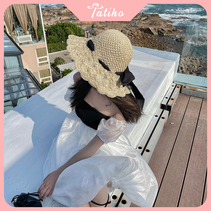 Mũ Cói Unisex Nữ, Nón Cói Chất Mềm Thoáng Mát Họa Tiết Trơn Phối Cột Nơ Phong Cách Tiểu Thư Thời Trang Basic - Mã NC012