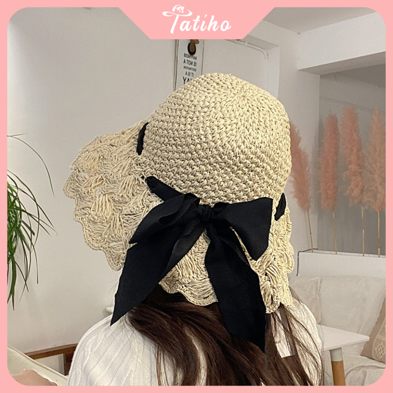 Mũ Cói Unisex Nữ, Nón Cói Chất Mềm Thoáng Mát Họa Tiết Trơn Phối Cột Nơ Phong Cách Tiểu Thư Thời Trang Basic - Mã NC012